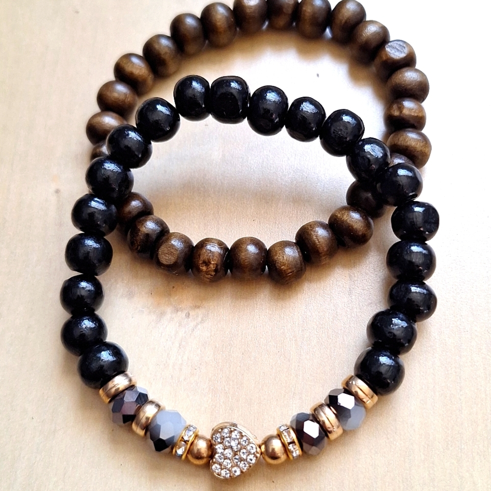 3 for $15 Set of 2 Heart Brown & Black Bead Bracelets With Accen…